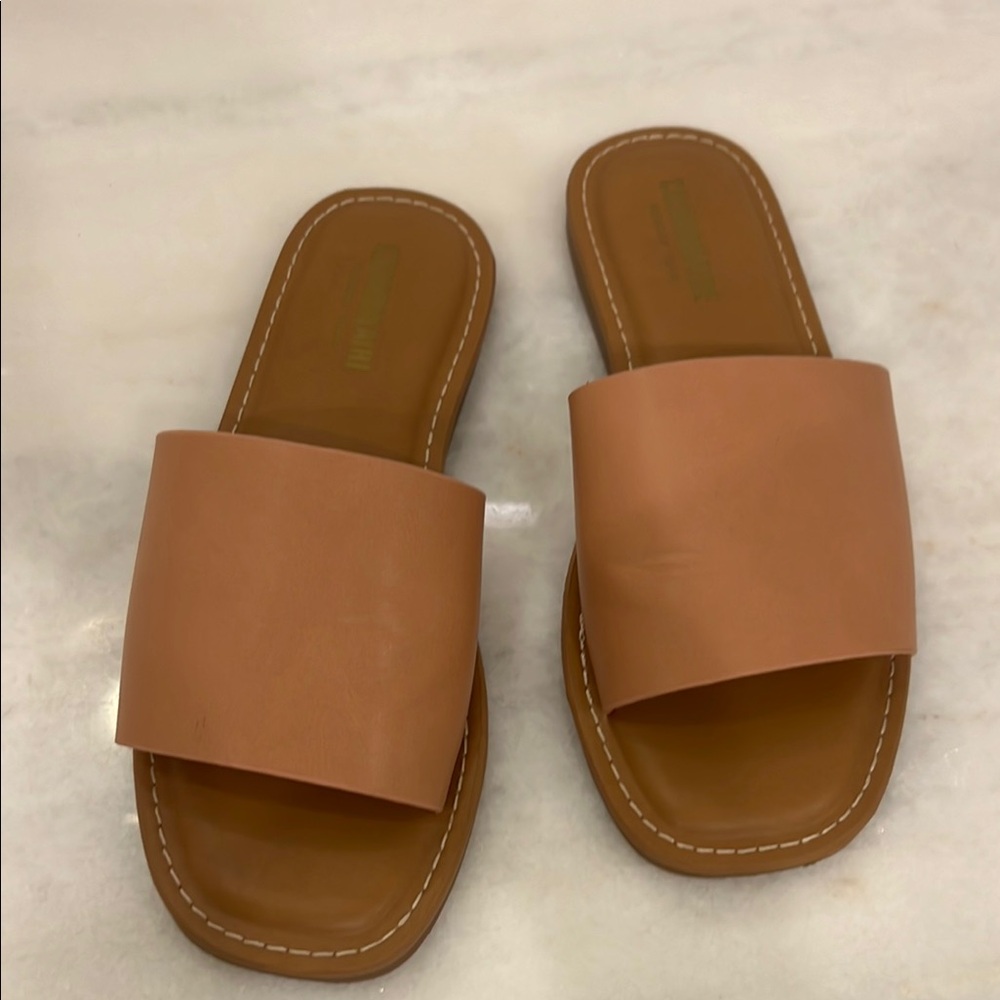 Tan Leather Slide Sandals with Wide Salmon Colored Strap